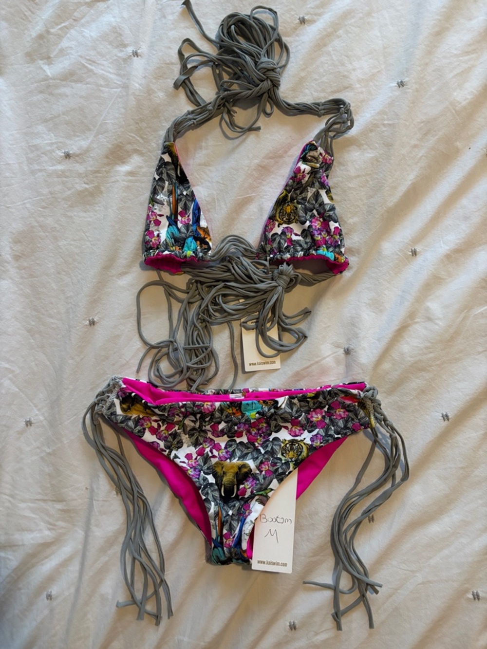Brazilian Bikini Floral Triangle Bikini Set with Fringe Ties Beach Vacation